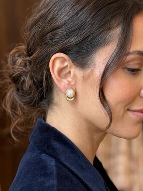 Vintage Christian Dior Clip-On Earrings Gold Tone Opalescent Faux Pearl Crystal